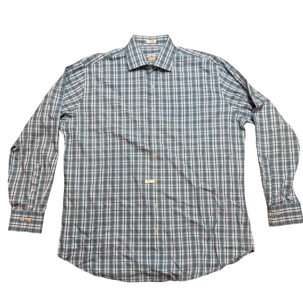Peter Millar Mens XL Blue Green Plaid Cotton Button Down‎ Shirt MF16W08CSL